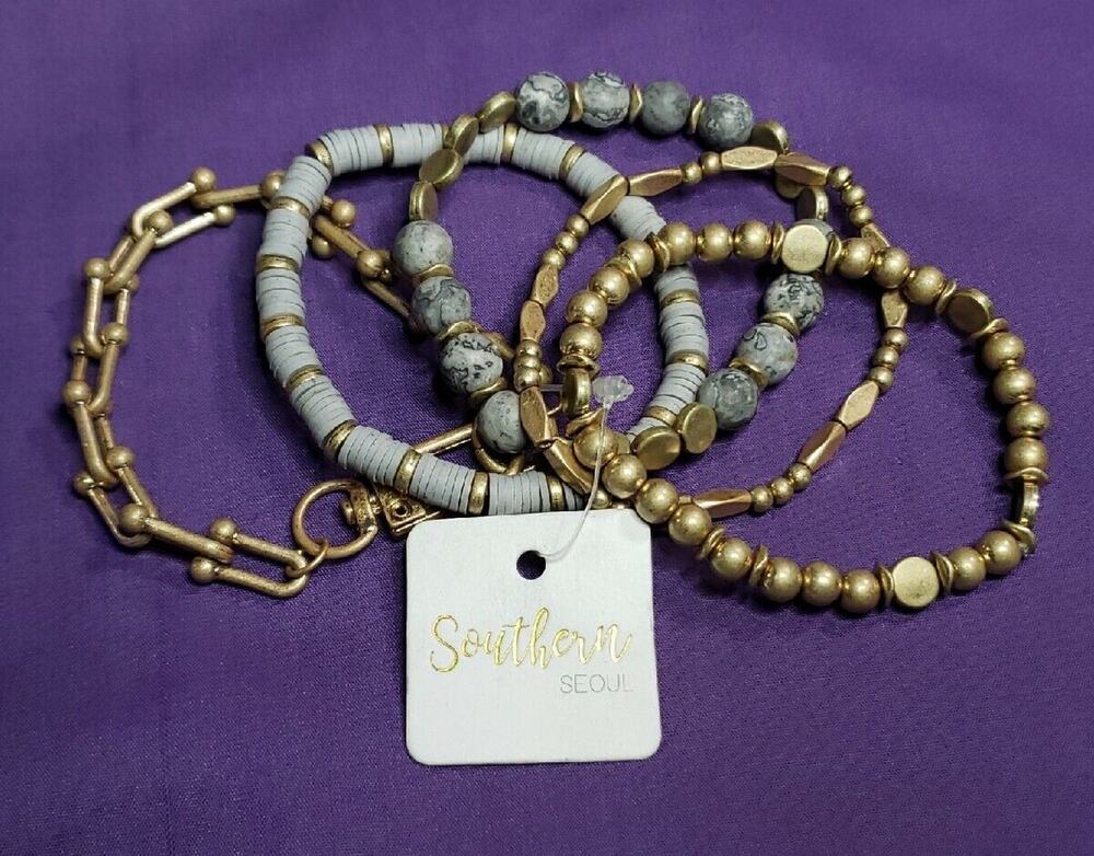 Southern Seoul Bracelets Matte Gold and Gray Real Stones Set of Five, NWT